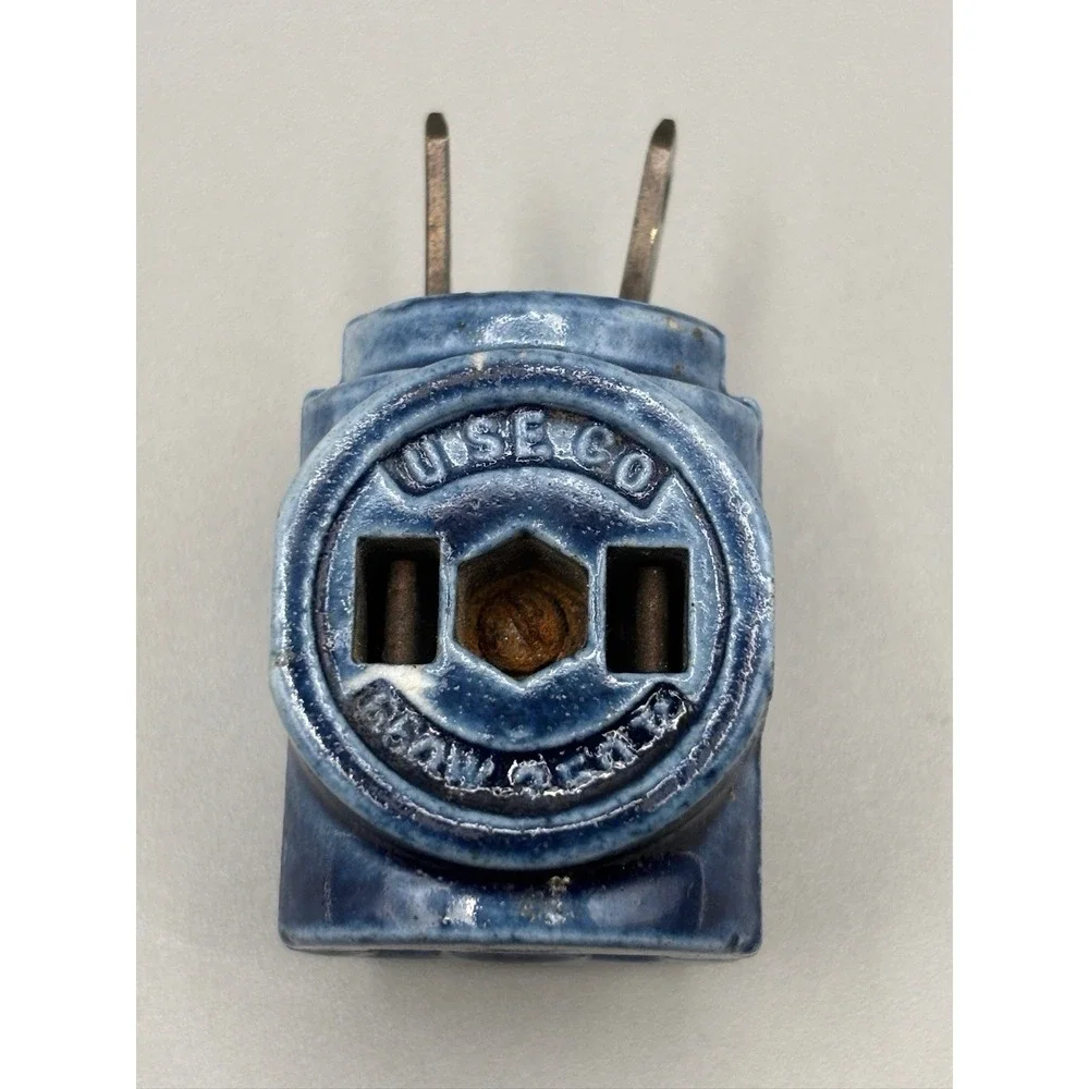 Vtg USE CO Blue Porcelain 3-Way Outlet Adapter Antique Ceramic Cube Tap Plug⁠